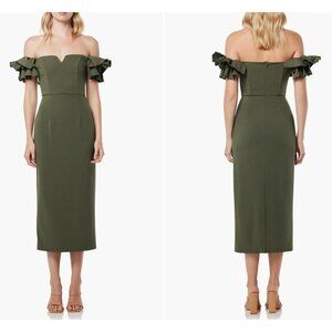 Elliatt Creole Dress Olive Green Ruffled Sleeve Off the Shoulder Midi XS